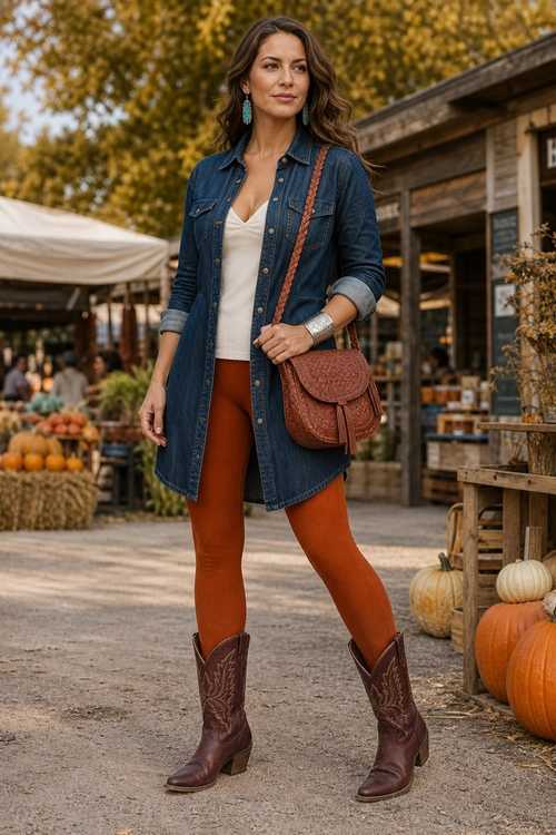 Woman wearing a long denim shirt over a white top with rust leggings, embroidered brown cowboy boots, and a brown crossbody bag.
