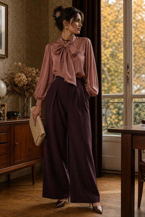 Dusty Rose Blouse and Plum Trousers A woman wears a dusty rose tie-neck blouse with wide-leg plum trousers, dark pointed shoes, and a woven beige clutch.