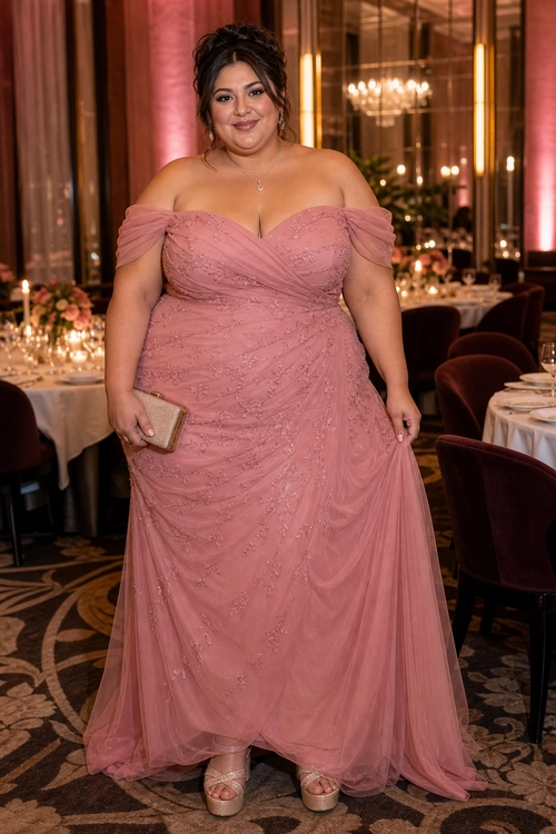 A woman wears a dusty rose off-shoulder evening gown with lace detailing, a flowing tulle skirt, a metallic clutch, and platform sandals.