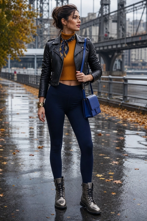 A woman wears a black leather jacket, mustard cropped top, navy leggings, lace-up boots, patterned scarf, and blue shoulder bag.