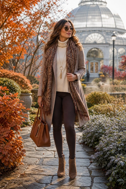 Elegant Autumn Layered Outfit A woman wears a cream turtleneck, long taupe cardigan, patterned brown scarf, dark brown slim trousers, ankle boots, sunglasses, and carries a brown leather tote.