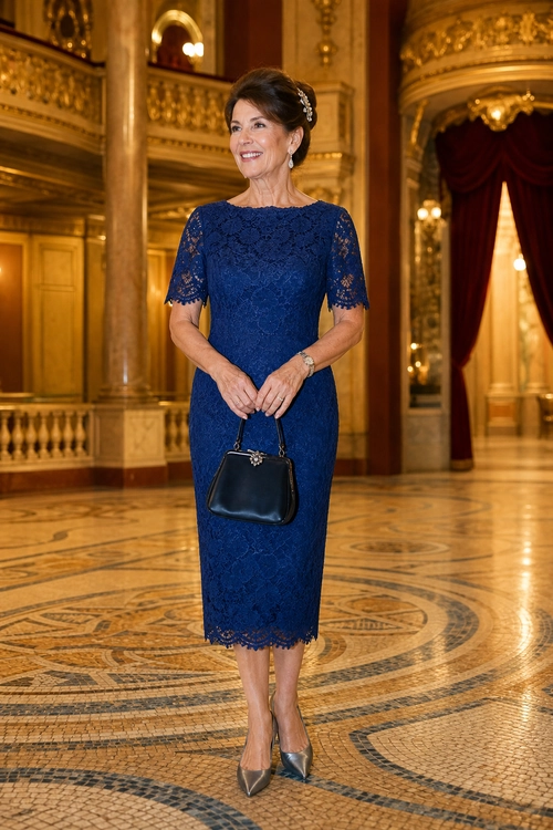 A woman wears a navy blue lace midi dress with short sleeves, silver-gray pointed heels, and a black handbag.