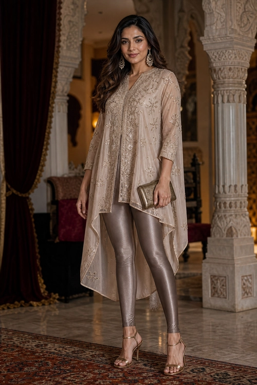 A woman wears a sheer embellished taupe tunic with metallic leggings, strappy heels, dangling earrings, and a clutch.