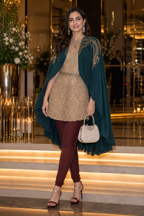 A woman wears a beige embellished tunic with burgundy leggings, a flowing teal cape, nude heels, and a small beige handbag.