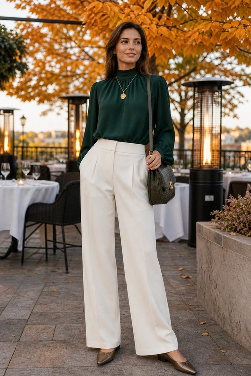 A woman wears a dark green high-neck blouse with ivory wide-leg trousers, pointed heels, a pendant necklace, and a shoulder bag at an outdoor restaurant.