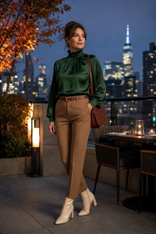 Emerald Blouse and Tailored Trousers A woman wears a dark green high-neck satin blouse, tan tailored trousers, cream pointed ankle boots, and a brown shoulder bag on a city rooftop.