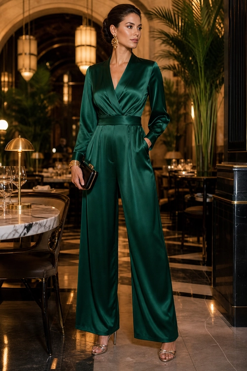 A woman wears an emerald green satin wrap-front jumpsuit with wide legs, metallic strappy sandals, gold earrings, and a black clutch.