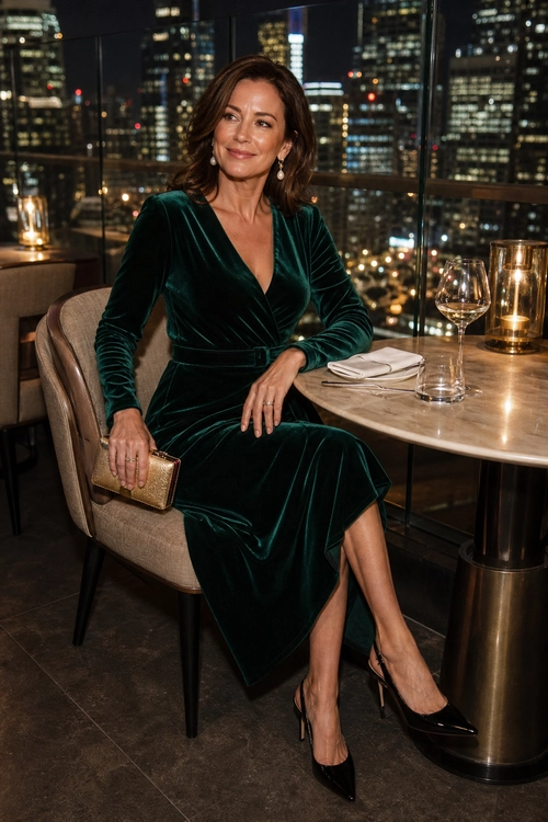 A woman wearing a dark emerald green velvet wrap dress with black pointed-toe heels and a gold clutch at an elegant restaurant.