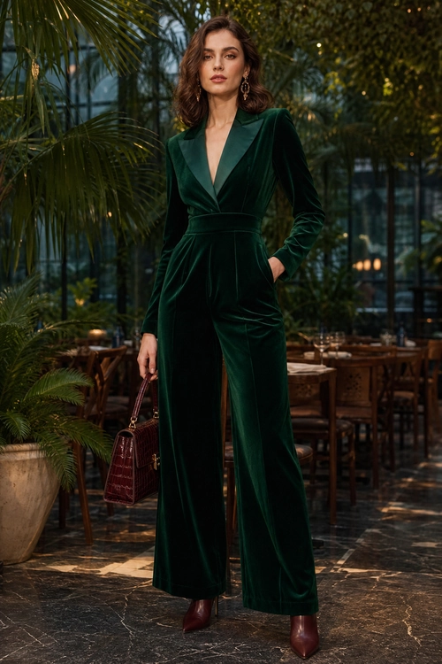 A woman wears an emerald green velvet long-sleeve jumpsuit with burgundy ankle boots and a structured burgundy handbag.