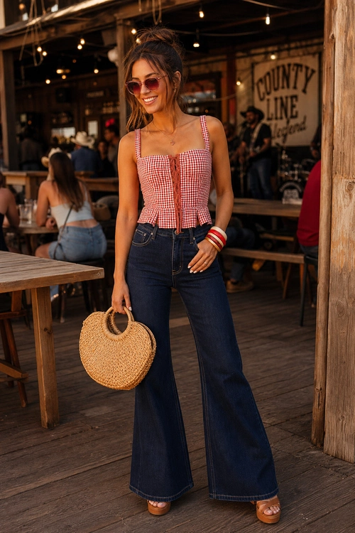 Gingham Top and Flared Jeans A woman wears a red and white gingham sleeveless top with dark flared jeans, tan platform sandals, sunglasses, bracelets, and a round straw handbag.