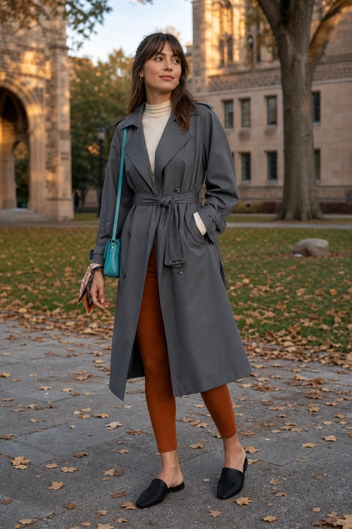 Gray Belted Coat Outfit Woman wearing a gray belted long coat over a cream turtleneck with rust-colored pants, black flat mules, and a teal shoulder bag.