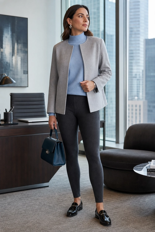 A polished outfit featuring a light gray blazer, pale blue mock-neck top, black slim trousers, black loafers, and a structured dark handbag.