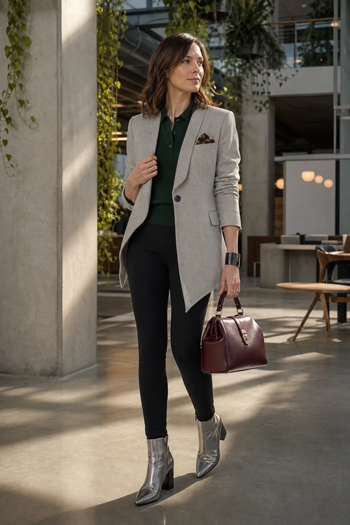 A polished outfit featuring a gray blazer, dark green collared shirt, black trousers, silver ankle boots, and a burgundy handbag.