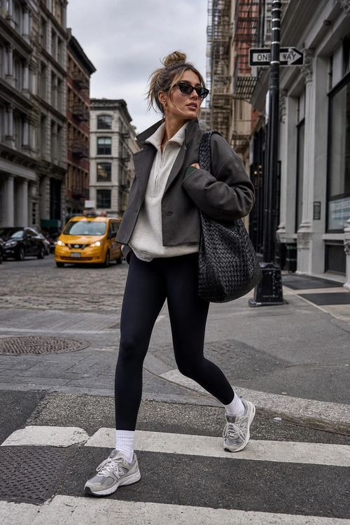 A woman wears a gray blazer over a white shirt with black leggings, white socks, gray sneakers, sunglasses, and a black woven tote while crossing a city street.