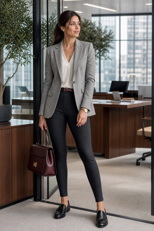A polished office outfit featuring a gray blazer, ivory blouse, black fitted trousers, burgundy handbag, and black loafers.