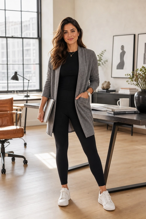 Woman wearing a long gray cardigan over a fitted black outfit with white sneakers in a modern office.