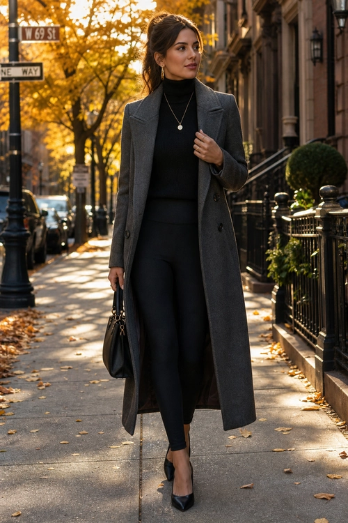 A woman wears a long gray tailored coat over a black turtleneck and black trousers with pointed heels and a black handbag.