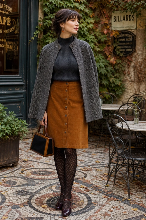 A woman wears a gray coat over a black ribbed turtleneck with a brown button-front skirt, patterned tights, burgundy shoes, and a structured black handbag.