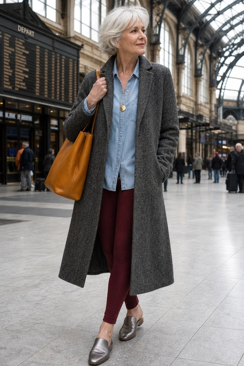 A woman wearing a long gray coat over a light blue button-down shirt with burgundy trousers, metallic loafers, and a tan leather tote.