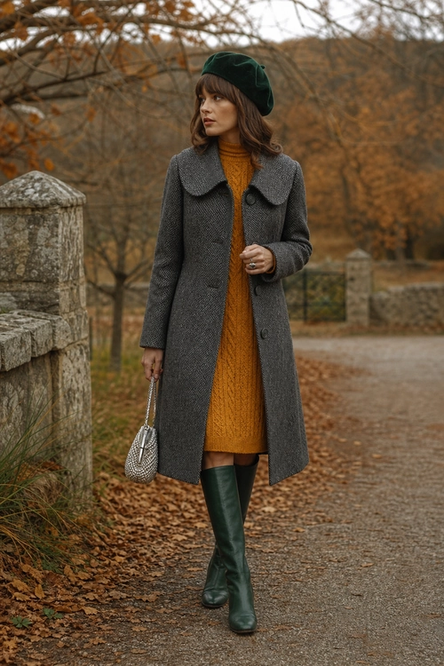 Autumn Gray Coat and Mustard Knit Dress Woman wearing a gray textured coat over a mustard knit dress with a green beret and knee-high boots.