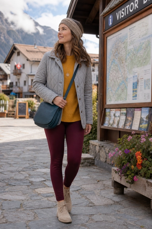 Gray Jacket Mustard Sweater Travel Outfit Casual travel outfit with a gray quilted jacket, mustard sweater, burgundy leggings, beige ankle boots, knit headband, and teal crossbody bag.