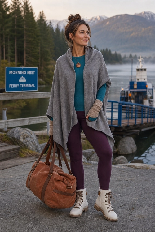 Gray Poncho Travel Outfit A layered travel outfit featuring a gray poncho, teal top, burgundy pants, cream lace-up boots, knit gloves, and a brown leather duffel bag.