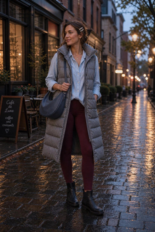 A woman wears a long gray quilted vest over a light blue button-down shirt with burgundy fitted pants, black ankle boots, and a dark shoulder bag.