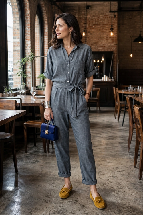 Gray Tie-Waist Jumpsuit Outfit Woman wearing a gray short-sleeve tie-waist jumpsuit with cuffed legs, mustard loafers, and a blue handbag.