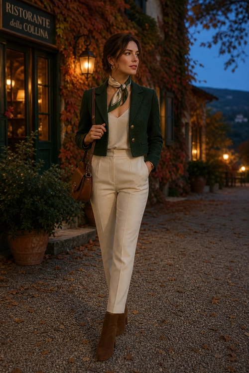 Green Blazer with Cream Trousers A woman wears a dark green blazer, cream top and tailored trousers, patterned neck scarf, brown ankle boots, and a brown shoulder bag.