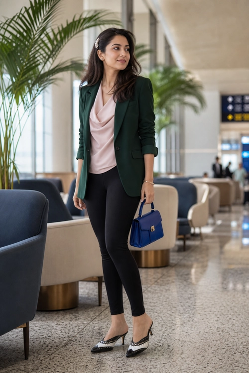 A woman wears a dark green blazer over a blush pink draped blouse with black fitted trousers, patterned pointed flats, and a blue handbag.