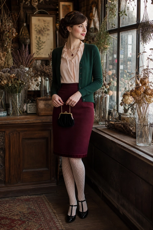 A woman wears a dark green cardigan over a pale pink blouse with a burgundy pencil skirt, patterned tights, black ankle-strap shoes, and a small black handbag.