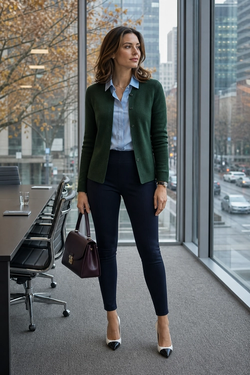 A woman wears a dark green cardigan over a light blue button-down shirt with navy trousers, pointed two-tone heels, and a burgundy handbag.