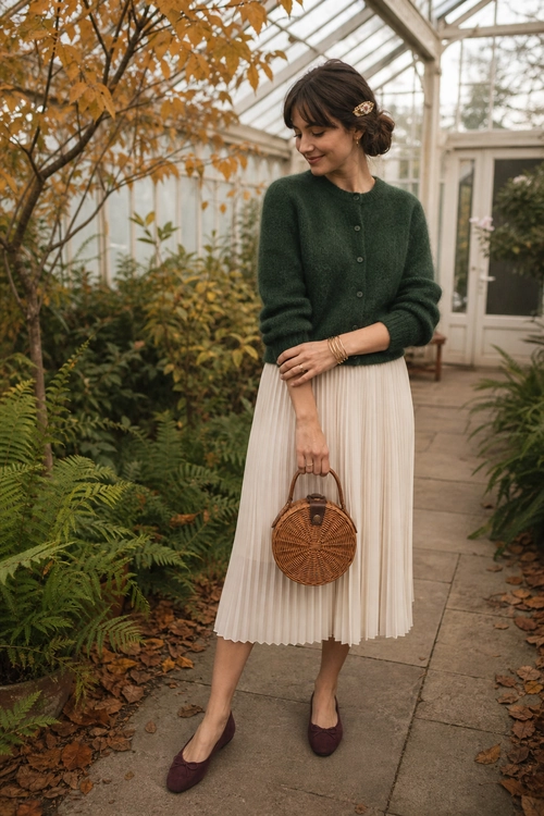 Green Cardigan and Pleated Skirt Outfit A woman wears a dark green buttoned cardigan with a cream pleated midi skirt, burgundy flats, and a round woven handbag.