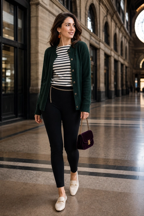 A polished outfit featuring a dark green cardigan over a striped top, black trousers, cream loafers, and a burgundy chain-strap handbag.