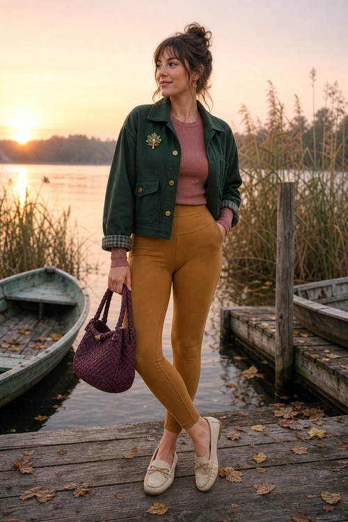A woman wears a dark green utility jacket over a dusty rose sweater with mustard pants, cream loafers, and a purple woven handbag.