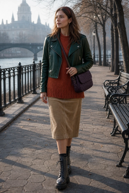 Green Leather Jacket and Rust Sweater Outfit Woman wearing a dark green leather jacket over a rust knit sweater, camel midi skirt, black lace-up boots, and a burgundy shoulder bag.