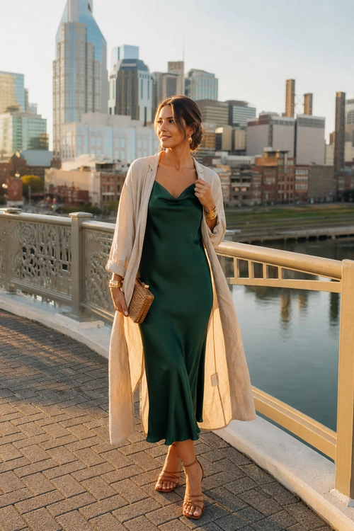 Green Slip Dress with Linen Duster A woman wears a deep green satin slip dress with a light beige duster, woven clutch, gold jewelry, and tan strappy heels.