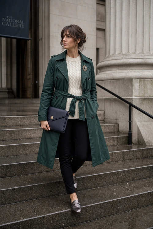 A woman wears a dark green belted trench coat over a cream cable-knit sweater with black trousers, loafers, and a navy clutch.