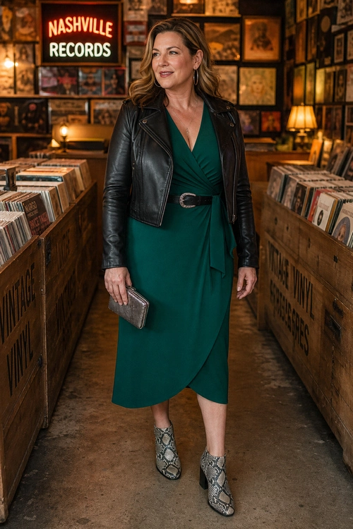 Green Wrap Dress and Leather Jacket A woman wears an emerald green wrap midi dress with a black leather jacket, belt, metallic clutch, and snakeskin ankle boots in a record store.