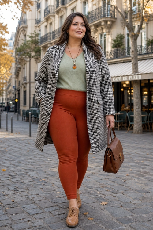 A woman wears a black-and-white houndstooth coat over a sage green top with rust trousers, tan ankle boots, and a brown handbag.