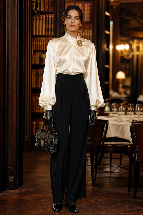 A woman wears an ivory satin blouse with puff sleeves, black wide-leg trousers, black gloves, a quilted handbag, and black shoes.
