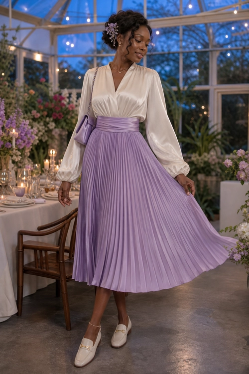 A woman wears an ivory long-sleeve blouse with a lavender pleated midi skirt, matching shoulder bag, and ivory loafers.
