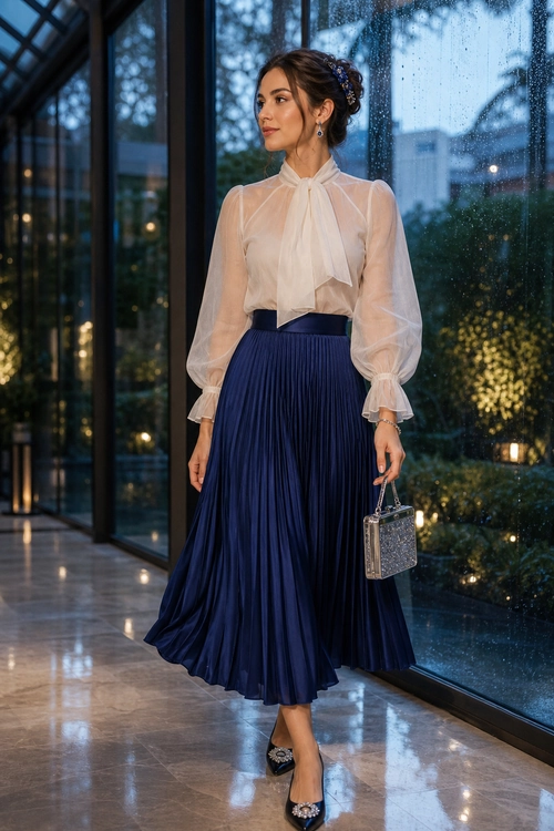 Ivory Blouse and Navy Pleated Skirt An elegant outfit featuring a sheer ivory tie-neck blouse, navy pleated skirt, embellished black heels, and a small metallic handbag.