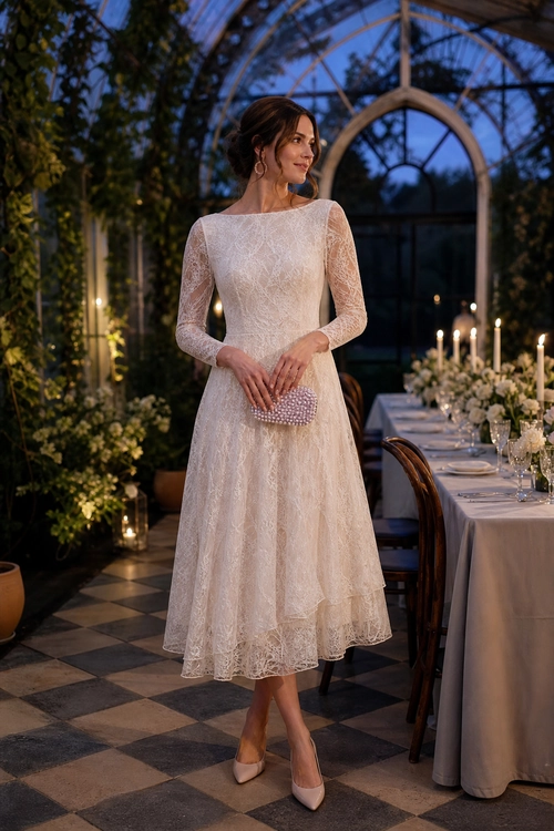 A woman wears an ivory long-sleeve lace midi dress with nude pointed-toe pumps and a beaded clutch.