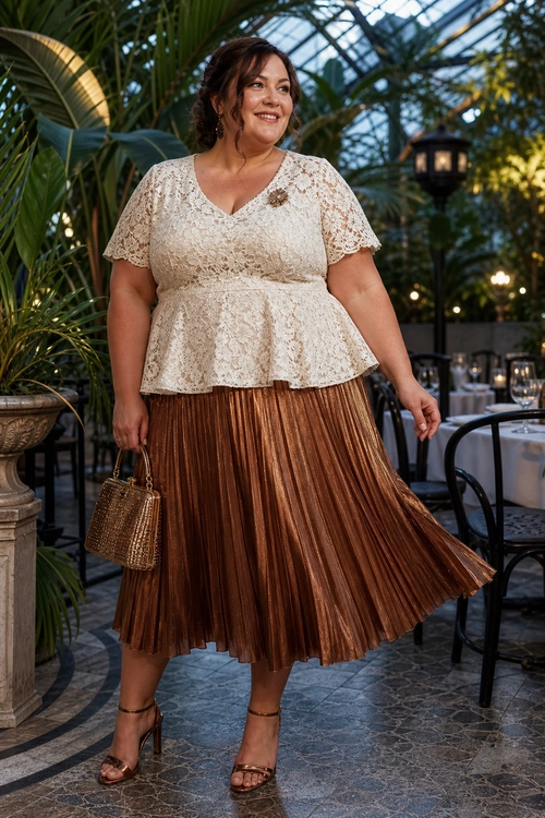 A woman wears an ivory lace peplum top with a bronze-brown pleated midi skirt, strappy heels, and a small textured handbag.