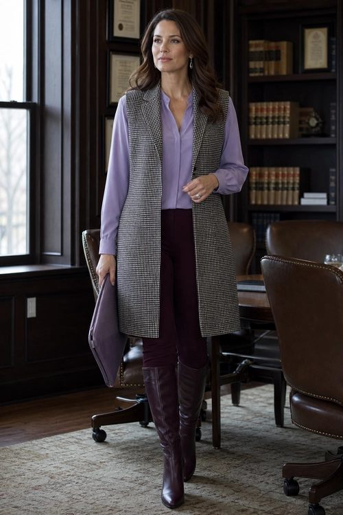 A woman wears a lavender blouse with a long black-and-white houndstooth vest, burgundy pants, tall burgundy boots, and a matching lavender clutch.