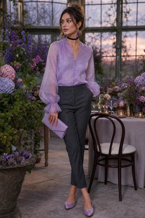 Lavender Blouse with Tailored Trousers A woman wears a sheer lavender blouse with dark tailored trousers, a lavender clutch, matching pointed shoes, a black choker, and purple drop earrings.