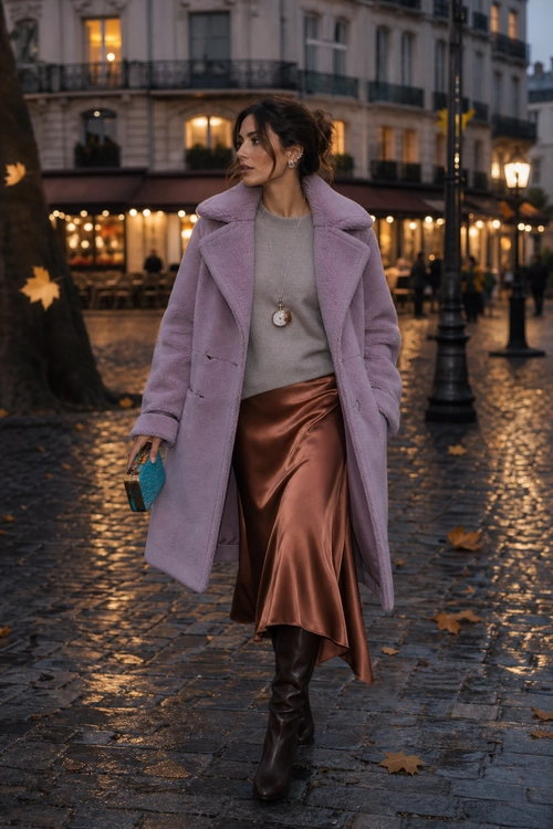 Lavender Coat with Satin Skirt A woman wears a lavender coat over a gray sweater and bronze satin skirt with tall dark brown boots on a cobblestone street.