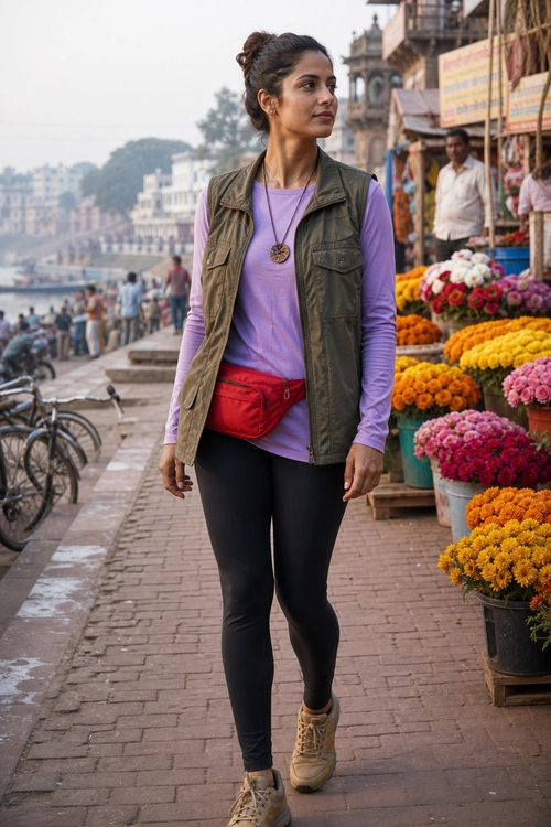 A woman wears a lavender long-sleeve top, olive utility vest, black leggings, red waist bag, pendant necklace, and tan lace-up boots.