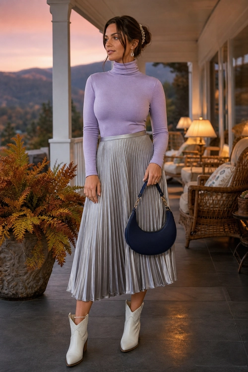 A woman wearing a lavender turtleneck, silver pleated midi skirt, white ankle boots, and a navy handbag.